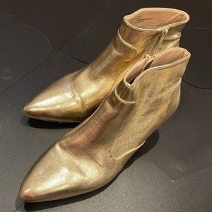 Metallic Gold Vegan Leather Kitten Heel Ankle Boots from Free People